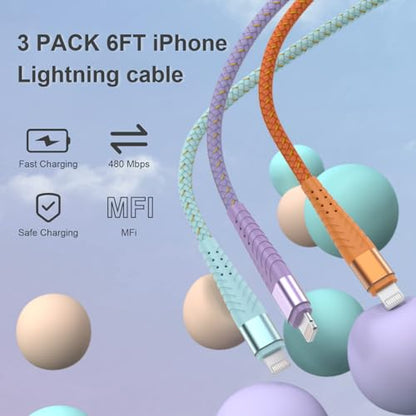 iPhone Charger Fast Charging Lightning Cable 6FT 3Pack[Apple MFi Certified] Long iPhone Charger Cord Nylon Braided USB Cable Compatible with iPhone 14/13/12 Pro Max/12Pro/11 (Pack of 3) - size: 6FT (Pack of 3)