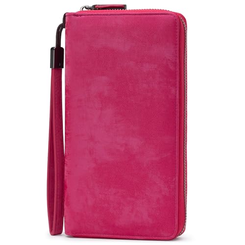 Bveyzi Women RFID Blocking Wallet Leather Zip Around Phone Clutch Large Capacity Ladies Travel Purse Wristlet - color: Hot Pink