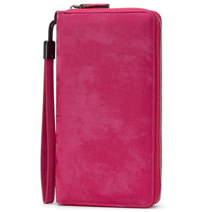 Bveyzi Women RFID Blocking Wallet Leather Zip Around Phone Clutch Large Capacity Ladies Travel Purse Wristlet - color: Hot Pink