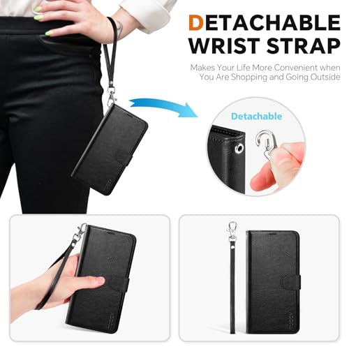 TUCCH Detachable 2-in-1 Case Wallet for iPhone 17e/16e 6.1", Textured Black | 4 Card Slots, RFID Blocking, Wireless Charging, Viewing Stand, Wrist Strap, PU Leather, Shockproof TPU, Magnetic, Flip Cover - color: Black - Textured