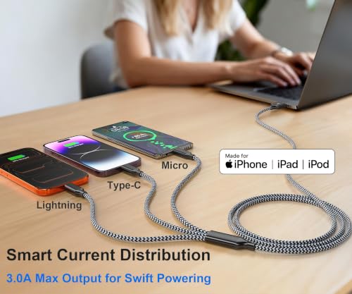 Multi Charging Cable 6FT 2Pack 3 in 1 Long Apple MFi Certified Cable - color: Grey/Silver-4ft-3Pack, size: 6ft