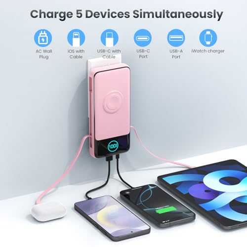 Portable Charger for iPhone with Built-in Cables and AC Wall Plug,26800mah Fast Charging USB C Power Bank,25W PD Travel Essential Battery Pack for iPhone 17/16/15/14/13,Galaxy,Apple Watch (Pink) - color: Pink