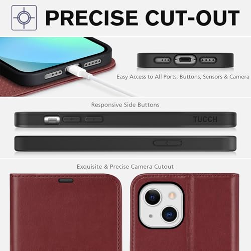 TUCCH Case Wallet for iPhone 13 (6.1") 2021, RFID Blocking Folio, Dark Red | 3 Card Holders, Kickstand, PU Leather, Magnetic Closure, Shockproof TPU Shell, Protective Flip Cover - color: Dark Red
