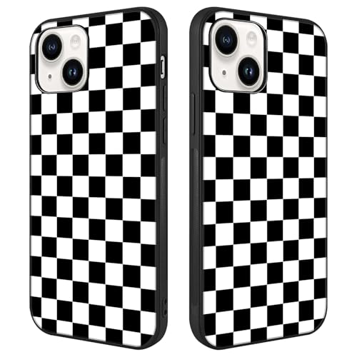 Compatible with iPhone 14 Case Checkered Pattern Black White | Anti-Scratch Hard PC Back, Non-Slip Soft TPU Sides, Shockproof Protection Cover - color: Black White