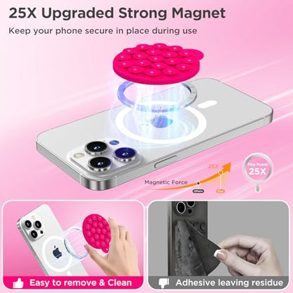 Magnetic Suction Cup Phone Mount, Compatible with MagSafe, Silicone Octo Cup Buddy Sticky Grip Holder for iPhone and Android, Removable Hands-Free Phone Stand Selfie/Video for TikTok, Neon Pink - color: Neon Pink