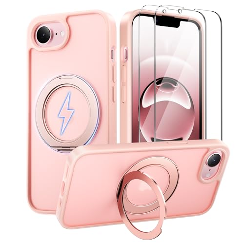 360°Ring Stand for iPhone 16E/17E Case with 2X Screen Protector,Fit for MagSafe, Anti-Yellowing & Scratch-Resistant Back Phone Case for iPhone 16E/17E 6.1", Pink - color: Light Pink Stand, size: iPhone 16E/17E