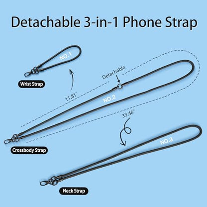 Phone Lanyard, 3-in-1 Anti Theft Phone Straps -Crossbody Lanyard, Neck Holder & Wrist Strap, Detachable Universal Cellphone Strap with 1 Tap, Durable Hook-Black - color: 3 in 1 Strap-black