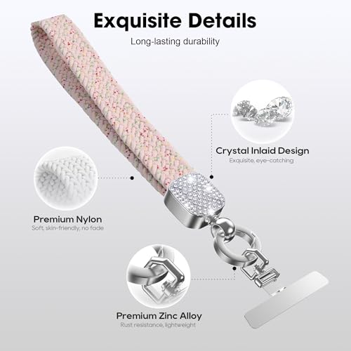 Elastic Phone Lanyard with Phone Tabs, Stretchy Braided Cellphone Wrist Strap and Keys Keychain - color: Bling Pink