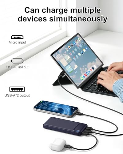 AsperX 2-Pack 10000mAh Slim Portable Charger, USB C Battery Pack Power Bank - color: Pink+Navy blue