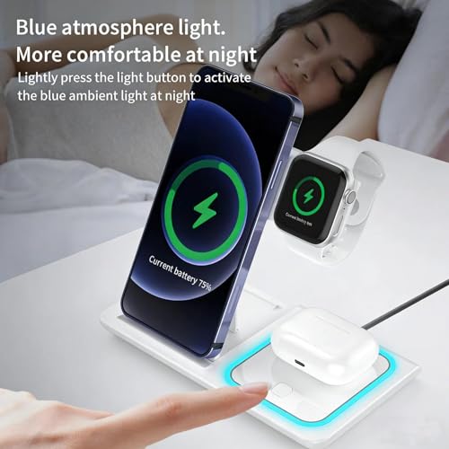 Wireless Charging Station 3 in 1 for Phone Watch and Earbuds Compact Desktop Charging Stand Flat Base Design for Home Office Travel, 6.5 x 6.5 x 0.8 Inch - color: white