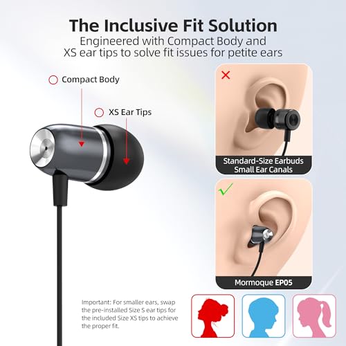MORMOQUE EP05 Wired Earbuds 5 Pack,3.5 mm Jack Noise Isolating Earphones,in-Ear Headphones with Microphone,HD Bass Audio Ear Buds,for Small Ears canals Women,Teens Boys Girls and Adult (Black) - size: 5 Pack