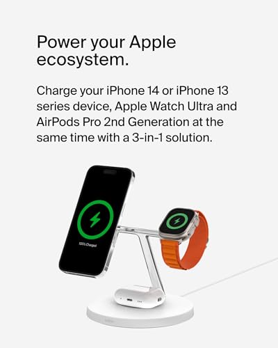 Belkin MagSafe 3 in 1 Wireless Charging Stand, 2nd Gen, 33% Faster - color: White, style: Chrome Finish