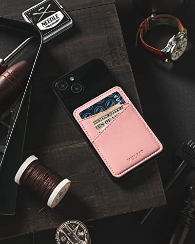 VULKIT Phone Card Holder Wallet Leather Adhesive Pocket RFID Blocking Credit Card Sleeves Stick Back of Phone Smartphones - color: Rose
