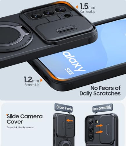 JAME for Samsung Galaxy S22 Case with Ring Stand & Slide Camera Cover Black - color: Black, size: Galaxy S22