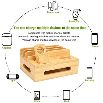 Bamboo Multi Device Charging Station Organizer for Phone, Tablet and Watch, Compact Charging Dock Stand