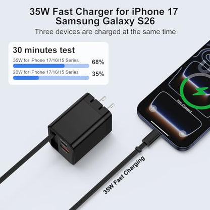 Retractable Wall Charger Cable 35W USB C Fast Charging Block for iPhone 17e - color: black