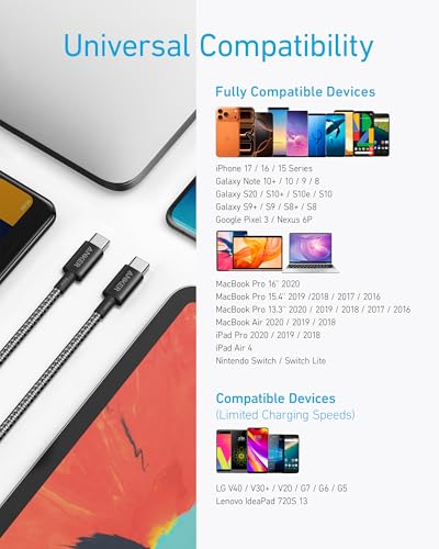 Anker USB C to USB C Cable, 100W Fast Charging Cable (2-Pack, 10 ft, Black) - color: Black, size: 10ft