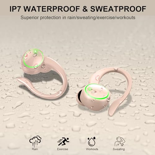 Matast Wireless Earbuds, Bluetooth 5.4 Headphones Sports, 50H Playback Over-Ear Buds with ENC Noise Cancelling Mic, 3D HiFi Stereo Fitness Earphones with Earhooks, IP7 Waterproof Headset for Runing - color: Shiny Pink