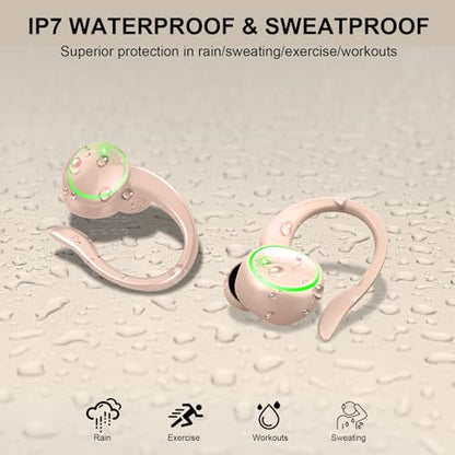 Matast Wireless Earbuds, Bluetooth 5.4 Headphones Sports, 50H Playback Over-Ear Buds with ENC Noise Cancelling Mic, 3D HiFi Stereo Fitness Earphones with Earhooks, IP7 Waterproof Headset for Runing - color: Shiny Pink