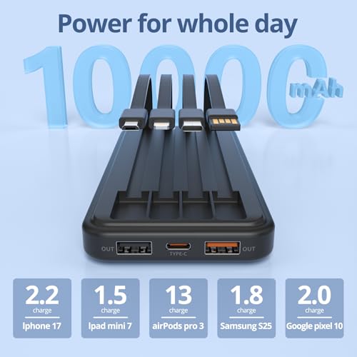 Portable Charger with Built in Cables, Power Bank with Cords Wires, Slim 10000mAh Travel Battery Pack 6 Outputs 3 Inputs 3A Fast Charging for Samsung Google Pixel LG Moto iPhone iPad, 1 Pack