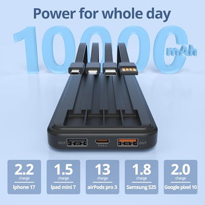 Portable Charger with Built in Cables, Power Bank with Cords Wires, Slim 10000mAh Travel Battery Pack 6 Outputs 3 Inputs 3A Fast Charging for Samsung Google Pixel LG Moto iPhone iPad, 1 Pack