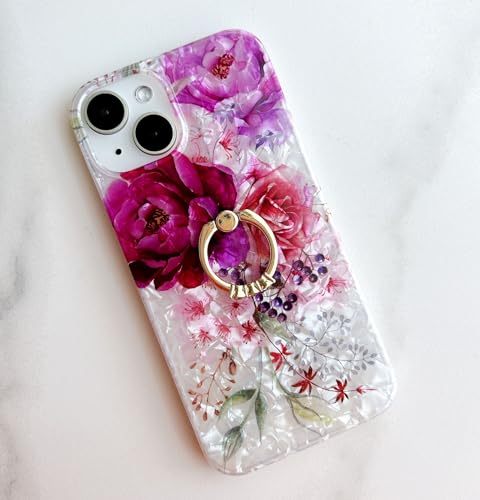 Qokey for iPhone 13/14 Case 6.1 inch,Flower Design Cute Clear for Women Girls with 360 Degree Rotating Ring Kickstand Soft TPU Shockproof Cover Purple Red - color: Fuchsia