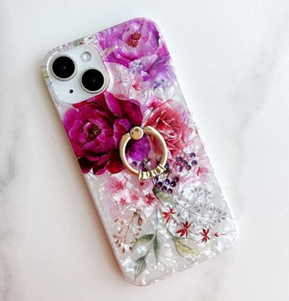 Qokey for iPhone 13/14 Case 6.1 inch,Flower Design Cute Clear for Women Girls with 360 Degree Rotating Ring Kickstand Soft TPU Shockproof Cover Purple Red - color: Fuchsia