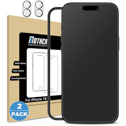 Mothca 2 Pack Matte Glass Screen Protector for iPhone 16 [6.1 inch] + 2 Pack Camera Lens Protector, Anti-Glare & Anti-Fingerprint Case Friendly Tempered Glass Film, Bubble Free, Smooth as Silk - size: iPhone 16-6.1 Inch