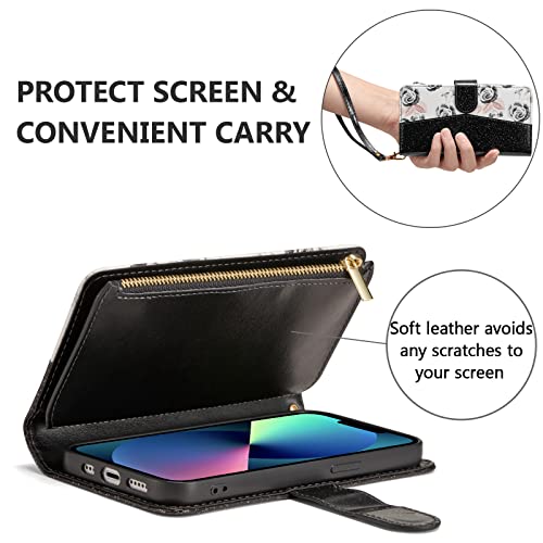 UEEBAI Wallet Case for iPhone 13 - PU Leather Magnetic Closure Handbag With Zipper Pocket, Kickstand, Card Slots and Hand Strap - Bling Black Flip Case for Women - color: Bling Black