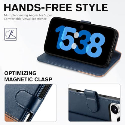 TUCCH Wallet Case for iPhone 17 Pro (6.3"), 4 Card Holders, Blue & Brown | RFID Blocking, Viewing Stand, Shockproof TPU Shell, PU Leather, Magnetic Closure, Protective Folio Flip Cover - color: Two-tone Blue & Brown