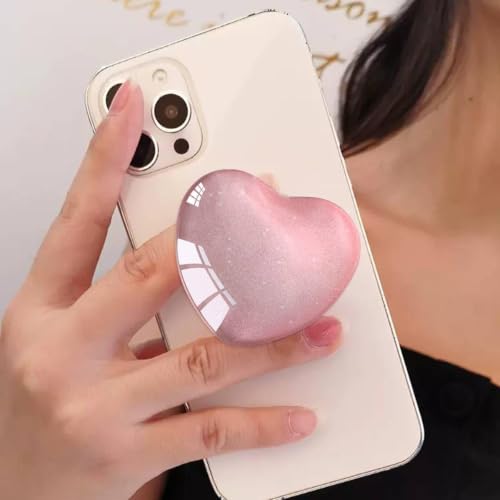 Expandiing Moblile Cell Phone Grip Heart Shape Glass Holder for Smartphones, Cellphone Collapsible Stand（ Pink
