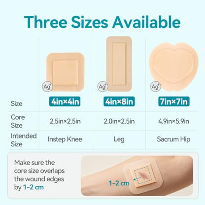 Dimora Ag Silver Sacrum Foam Dressing Adhesive Border 7"x7" Bandages 5 Pack - size: 7"x7"-Silver（pack of 5）