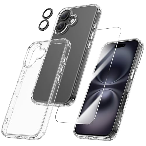 Maxdara for iPhone 16 Case Clear | 3 in 1, with Front Tempered Glass Screen Protector & Camera Lens Protector, Transparent Slim Shockproof Cover - color: A-Black, size: for iPhone 16