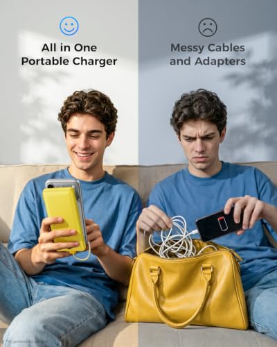 VEGER Portable Charger for iPhone, Power Bank Built in Cables and Wall Plug - color: Yellow