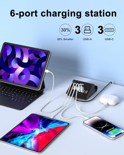 USB C Charging Station 35W, VHBW 6 Port 3A and 3C(1Port *USB-C PD20W Fast) Desktop Fast Charging Station for iPhone 14/13/12,Samsung Galaxy S23/S22/S21,etc - color: Fast Charging USB-3A3C-Black