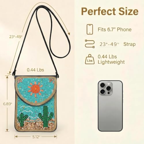 Small Crossbody Bags for Women, Cell Phone Shoulder Bag Boho Wallet Purse - color: Cactus