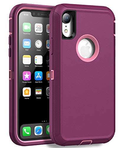 MXX Compatible with iPhone Xr Case, 3-Layer Super Protective Full Heavy Duty Body Tough Rugged Bumper Cover, Shock & Dust Proof, Designed for Apple Xr Phone Case 6.1" - color: Plum/Light Pink