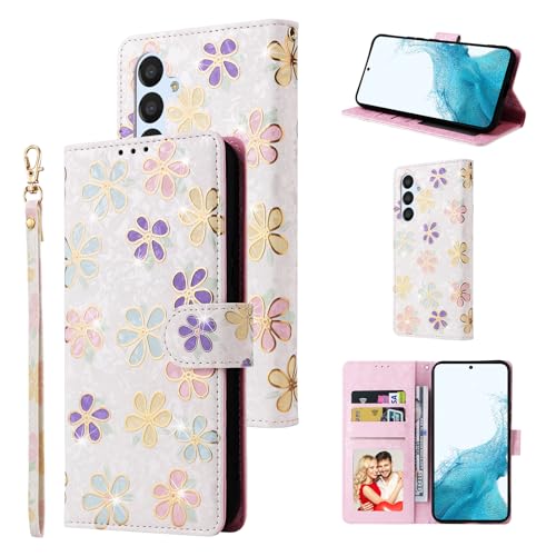 UEEBAI Wallet Case for Samsung Galaxy S23 5G, PU Leather Phone Case Kickstand RFID Blocking Flip Case with Card Slots Wrist Strap Relief Engraved Pattern Magnetic Closure Folio Case - White Daisy - color: White Daisy, size: Samsung Galaxy S23 5G
