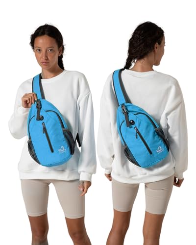 WATERFLY Crossbody Sling Backpack Sling Bag Travel Hiking Chest Bag Daypack | Small Hiking bag,Multi-compartment storage,Water-resistant,Breathable back pad,Reversible adjustable shoulder strap - color: N - Sky Blue