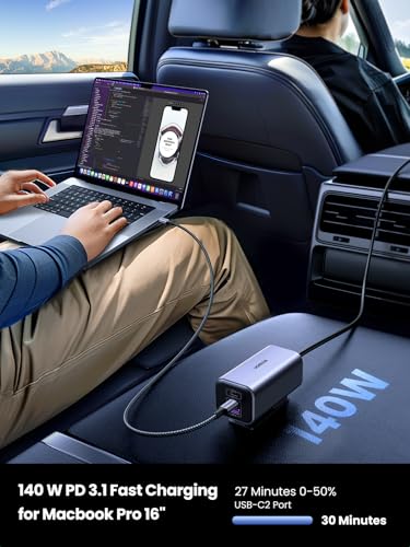 UGREEN 150W 4-Port Retractable Car Charger with Built-in Cable