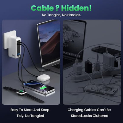 120W USB C Charger Block with 2 Built-in Retractable Cables,4-in-1 GaN IV Foldable Plug Wall Charger Fast Charging Station,PD 65W Laptop Adapter for MacBook/iPad,iPhone 17/16/15/14,Galaxy,Android etc - color: A-White, size: 120W