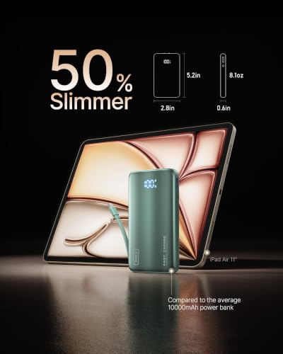 INIU 45W Fast Charging Portable Charger, 10000mAh with Built in Wall Plug | Slimmest, Built-in Wall Plug, USB-C Cable, GaN, Flight-Safe, 3 in 1 Power Bank for iPhone 17, Samsung, iPad etc, Green - color: Green