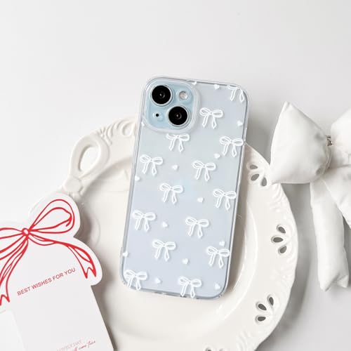 NITITOP Compatible with iPhone 15 Plus Case Clear Cute Bow Ribbon Love Heart Pattern for Women Girls Bowknot Full Camera Lens Soft TPU Slim Shockproof Protective Cover - White - color: White, size: iPhone 15 Plus