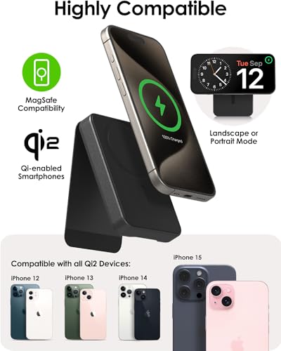 Mophie Snap+ Powerstation Mini with Stand - 5000mAh,15W Qi2 Magnetic Wireless Charger, Portable, Compatible with MagSafe & Qi-Enabled Smartphones, with Kickstand, USB C to USB C Cable Included, Black