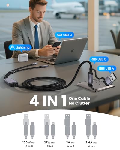 100W Multi USB Charging Cable, USB C and Lightning Cable 2-in-1, 5A USB C/A Nylon Braided Multi Charger Adapter Cord with LED Indicator for iPhone 17 16 15 14 13, iPad, Galaxy, Note, Macbook - Black - style: 4-in-1 6FT