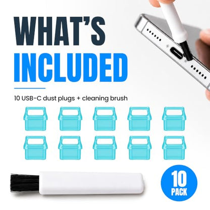 USB C Dust Plugs 10 Pack with Easy Grip Tabs and Cleaning Brush, Blue