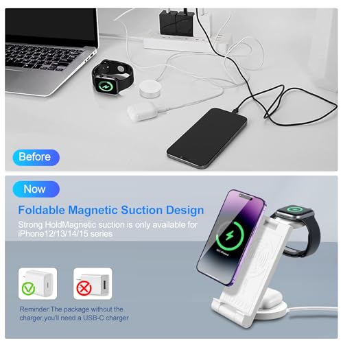 2024 Upgrated Wireless Charger: 3 in 1 Charger Stand Multiple Devices for Apple - iPhone 16 15 14 Pro Max 13 12 11 - Watch 10 9 8 7 6 5 4 3 2 SE and Ultra Series - Airpods 4 3 2 Pro - color: Pure white