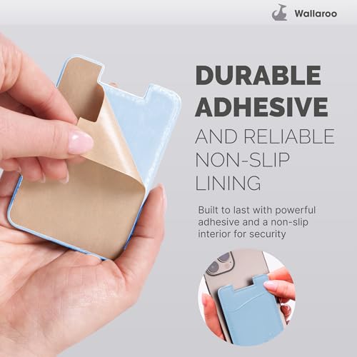 Wallaroo Premium Leather Cell Phone Wallet Stick On - Android and iPhone Wallet and Card Holder for Women and Men - Durable with Non-Slip Lining Secures Up to 3 Cards - color: Pastel Blue Leather