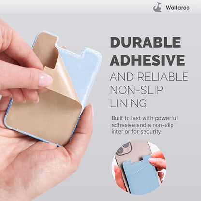 Wallaroo Premium Leather Cell Phone Wallet Stick On - Android and iPhone Wallet and Card Holder for Women and Men - Durable with Non-Slip Lining Secures Up to 3 Cards - color: Pastel Blue Leather
