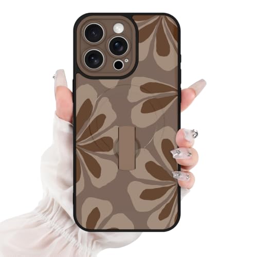 for iPhone 15 Pro Max Case Brown Cute Petals Floral Pattern | [Compatible with Magsafe] with Finger Hand Strap Kickstand Case for Girls Women Shock Scratch Protection Phone case - color: Brown / Floral Petal, size: iPhone 15 Pro Max